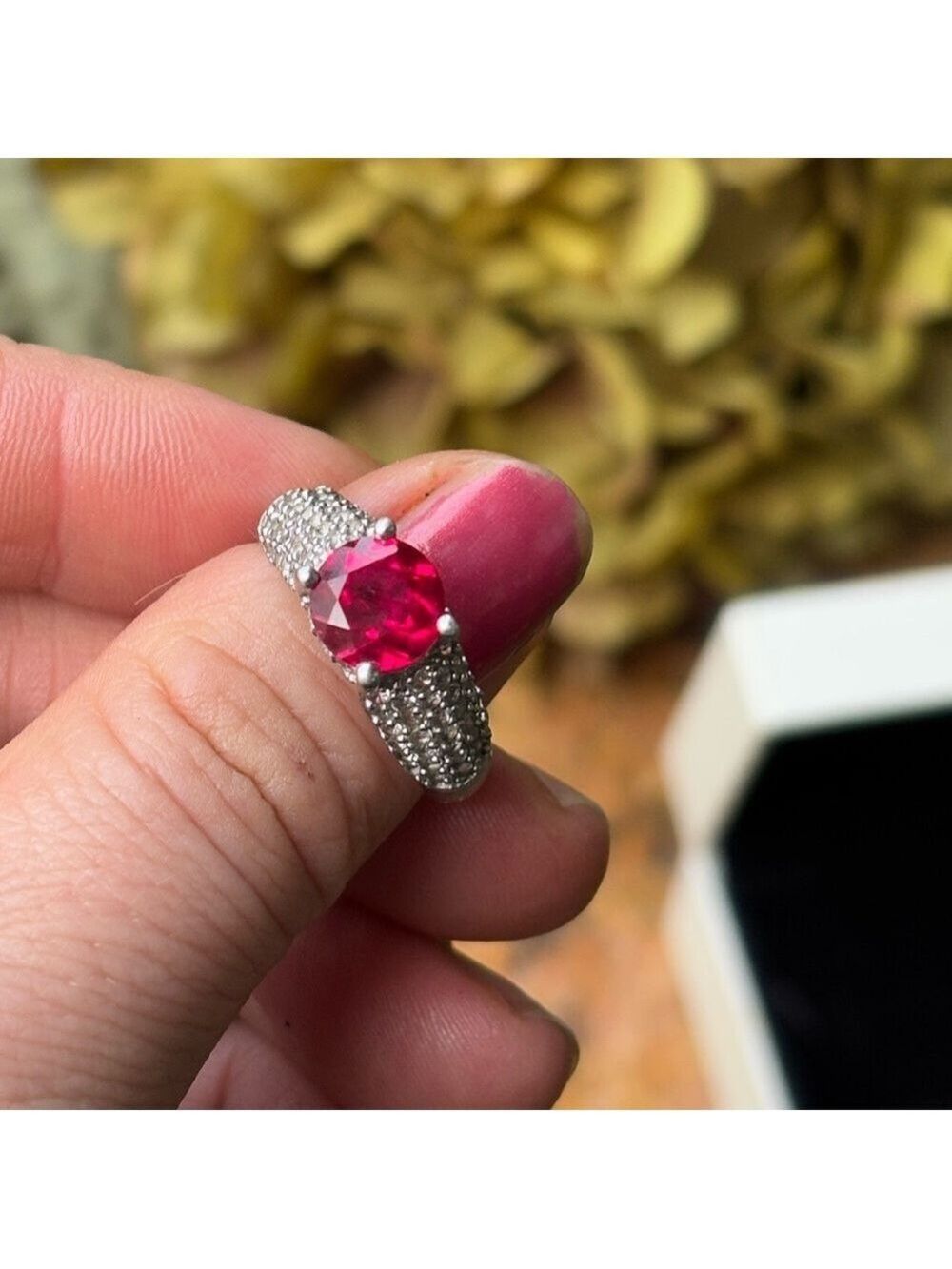 Large Fiery Ruby Statement Ring • 925 Sterling Silver & Sparkling Topaz • Size 9